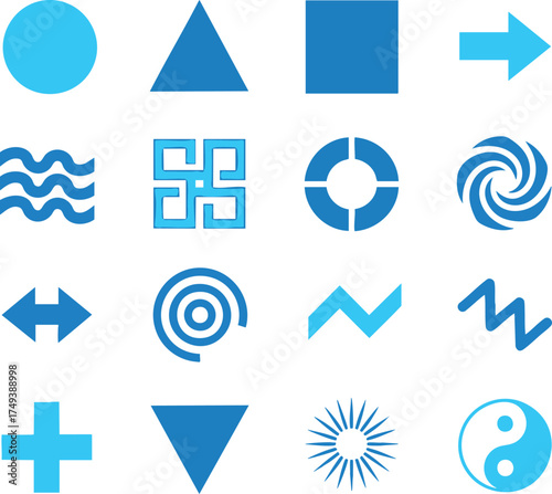 Geometric shapes silhouette set with circle, triangle, square, arrow, zigzag, sun, and yin yang icons on white background