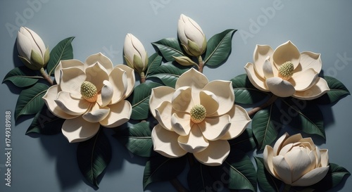Beautiful soft focus floral arrangement featuring light cream and peach roses with green leaves