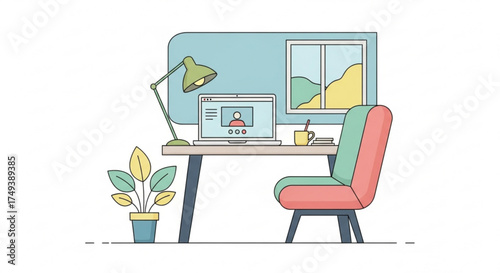 Illustration of a home office setup with a laptop, desk, and chair, perfect for remote work themes