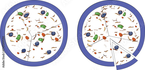 Delicious pizza illustration with slice vector design, cartoon style cheesy pizza with toppings, Italian food concept, pizzeria meal, lunch, dinner, and fast food menu icon in colorful flat style