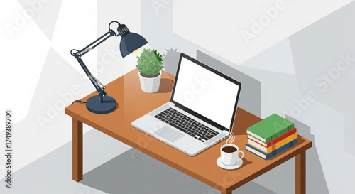 Isometric workplace with laptop, lamp, books and coffee cup on wooden desk, vector illustration