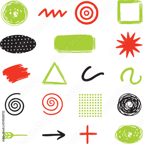 Silhouette set of hand drawn abstract shapes in grid on white background