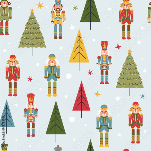 Seamless Christmas Pattern with Nutcrackers in Vector on light blue background.