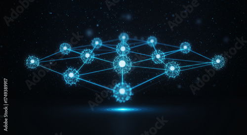 Abstract futuristic background with a glowing blue digital network structure representing global data connections, artificial intelligence, and modern technology