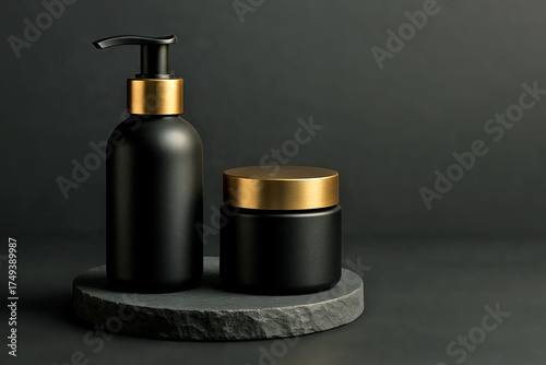 An elegant, minimalist composition of a matte black jar with a gold lid and a cosmetic bottle with a dispenser and gold rim. A premium packaging concept for men's skincare products with copy space.