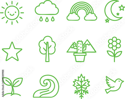 Silhouette set of green nature icons with sun, moon, tree, flower, leaf, bird, and wave on white background