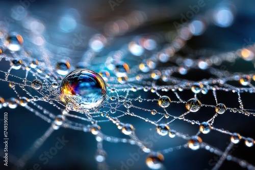 Dewdrops glistening on a spiderweb in morning light