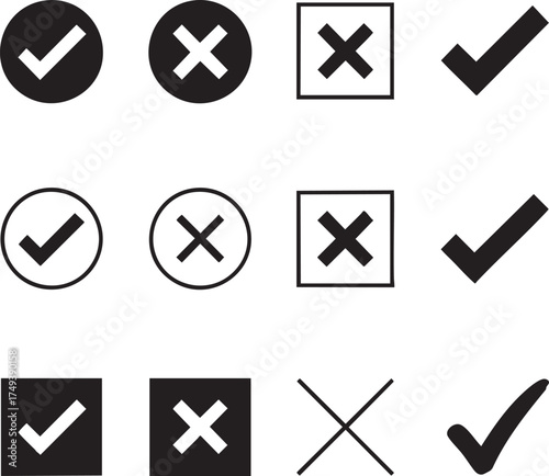 Adobe Illustratcheck mark and cross symbol set in black and white icons on white backgroundor Artwork