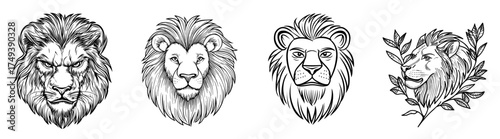 A stylized lion head is depicted in black and white with a detailed mane and a fierce expression