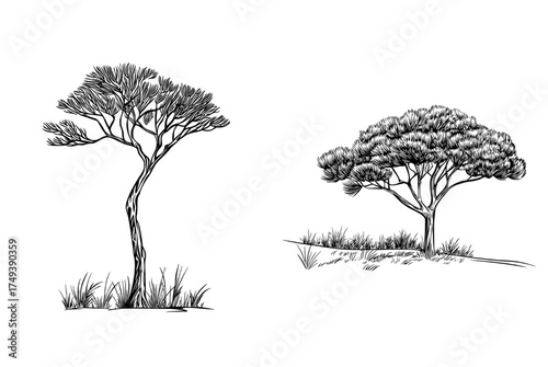 On a white background, a stylized tree stands out, characterized by its curved branches and lush foliage