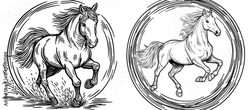 Within a circular border formed by an ink brush, the silhouette of a galloping horse is depicted, signifying strength and freedom