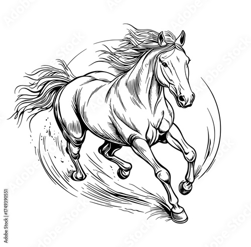 A black and white silhouette of a galloping horse is positioned inside a circular design emblem