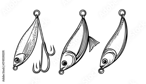A detailed silhouette in black and white showcases three fishing fly baits, complete with intricate wings and hooks