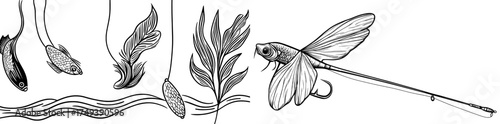 Silhouette of three fishing fly lures in black and white, featuring intricate feather details