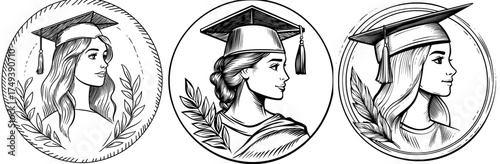 A graduate's silhouette is set within a circular emblem, complete with a cap and a leaf