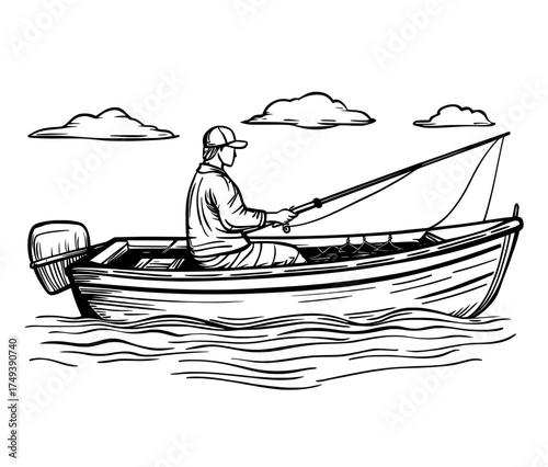 A serene lake, complete with reeds and birds, is the setting for a man engaged in fishing from a boat