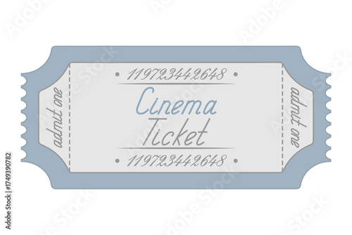 Cinema. Blue ticket admit one. Handwritten cursive lettering with a capital letter. Illustration.