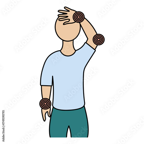 Patient with joint pain and headache. Color vector illustration. Pain in the wrist and elbow joints. Isolated on white background. Cartoon. Medical theme. Web design idea.