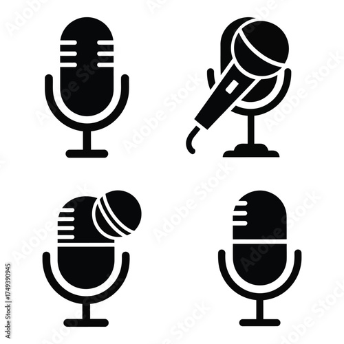 Set of four retro and modern microphones representing audio recording and broadcasting icons diverse sound equipment silhouette