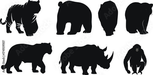 Wild animal silhouettes collection featuring tiger, bear, hippo, sloth, panther, rhino, and chimpanzee isolated vector wildlife illustration design