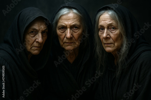 Three Witches from Macbeth in dark cloaks