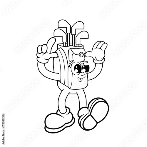 Retro character design of cute golf bag outline