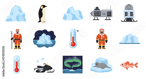 Collection of cartoon icons related to arctic and antarctic environments and activities