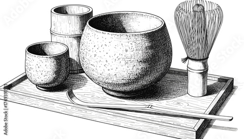 Traditional Japanese Tea Ceremony Set with Matcha Bowl, Bamboo Whisk, Tea Scoop, Cup and Caddy on Wooden Tray Illustration