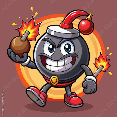 Cartoon Bomb Character Ready to Explode with Dynamites in Hand