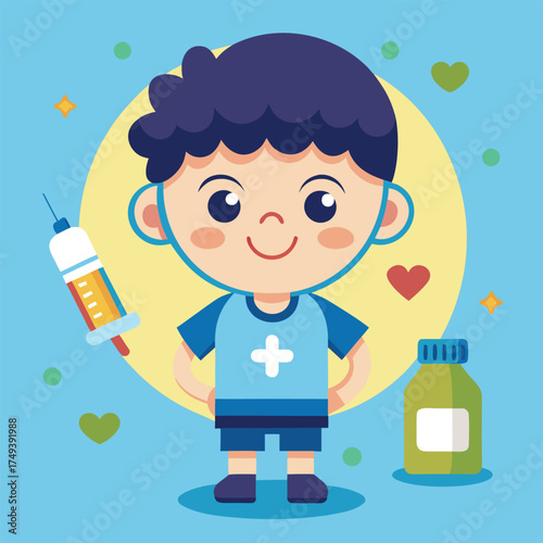 Cartoon Child with Vaccine Syringe and Medicine Bottle Illustration Design