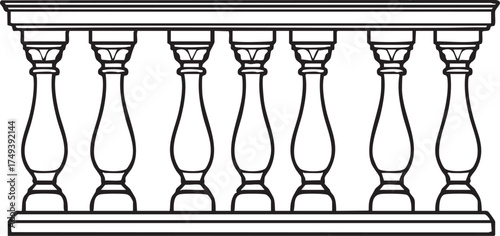 Baluster silhouette set—black-and-white vector of classical vertical shafts with decorative curves and architectural symmetry
