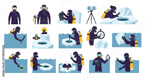 Ice diving preparation and activities illustrated in sequence