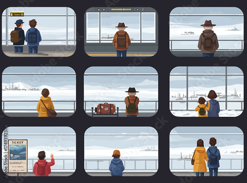Grid of nine vignettes showing travelers looking out large windows at a snowy airport scene