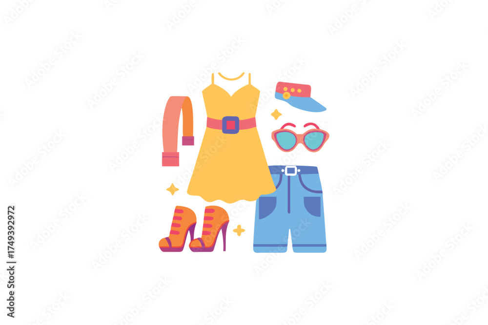 Naklejka premium Colorful summer clothing items arranged in a playful flat design silhouette
