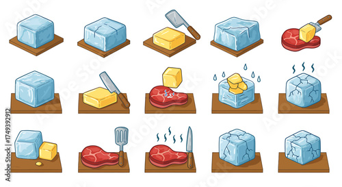 Sequence of ice melting butter preparation and steak cooking possibly illustrating thermodynamics