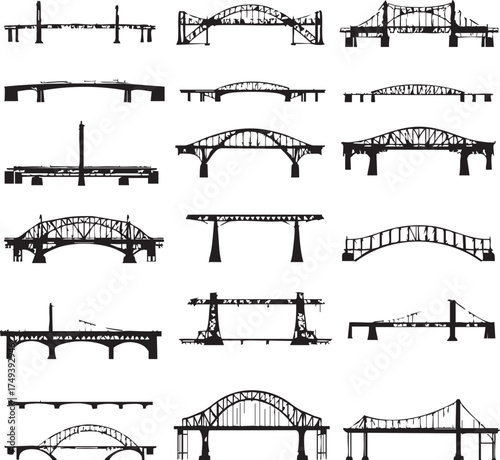 Bridge silhouette set—black-and-white vector grid of 20 architectural styles including arch, suspension, truss, and beam designs