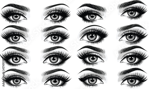 Set of expressive female eyes with diverse makeup styles, eyebrow shapes, eyelash designs, eyeliner variations, and emotional eye expressions