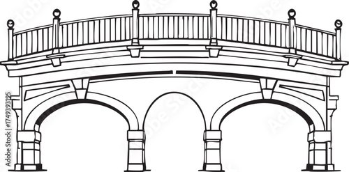 Classical bridge vector—black-and-white architectural sketch of arched structure with columns, balustrade, and ornamental details