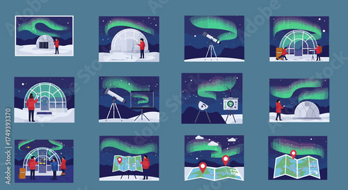 Twelve illustrations of aurora viewing with igloos telescopes and maps