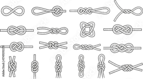 Set of 18 hand-drawn rope knots illustration, black and white vector, nautical, climbing, decorative, survival, sailing, camping design