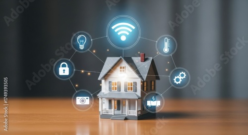 Smart home technology connected house futuristic digital icons wi-fi security automation