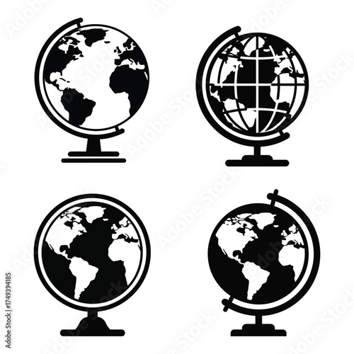 Four silhouette style earth globe models demonstrating global geography education and world exploration concepts silhouette