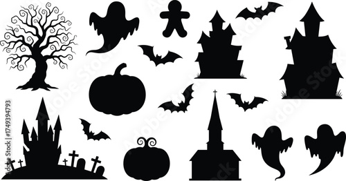 Halloween silhouette icons set with haunted house, bats, ghosts, pumpkins, graveyard, spooky tree, castle, church, gingerbread man, horror