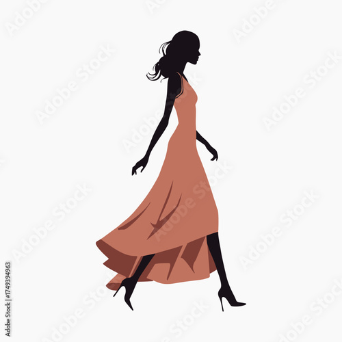Full-Length Fashion Model Vector Silhouette Walking in Elegant Long Dress with Heels.
