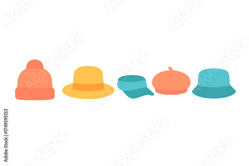 Colorful collection of headwear accessories including beanie sun hat cap beret and bucket hat