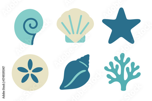 Stylized set of six ocean elements including various seashells, starfish, sand dollar, and coral