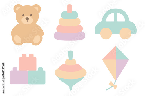 Collection of classic baby and toddler toys including teddy bear and building blocks