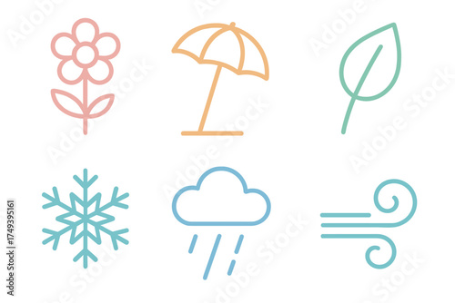 Pastel minimalist icons for nature, seasons, and weather phenomena