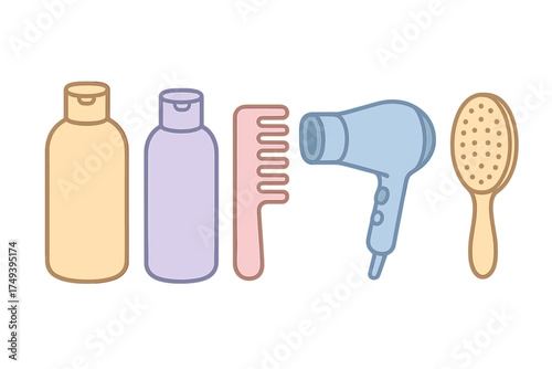 Set of hair care essentials including shampoo, conditioner, comb, blow dryer, and brush
