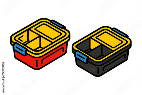 Pair of empty reusable plastic lunch boxes with multiple compartments for food organization